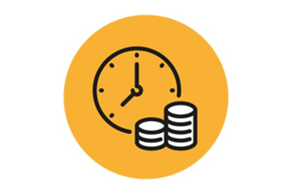 Clock and stacked coins icon on an orange circle background