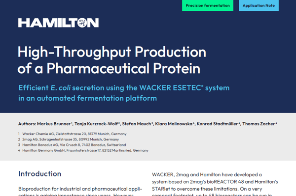 Hamilton application note cover: "High-Throughput Production of a Pharmaceutical Protein" on dark blue background