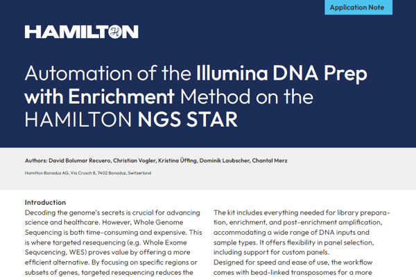 Application note cover: "Automation of the Illumina DNA Prep with Enrichment Method on the HAMILTON NGS STAR"