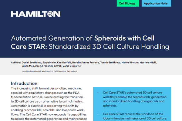 Hamilton application note cover: "Automated Generation of Spheroids with Cell Care STAR: Standardized 3D Cell Culture Handling"