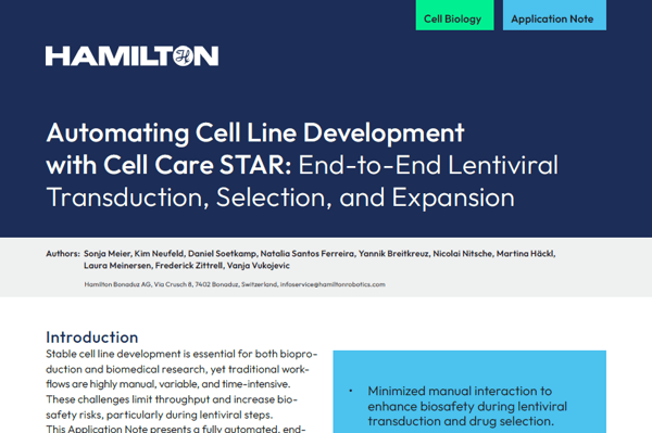 Hamilton application note cover: "Automating Cell Line Development with Cell Care STAR: End-to-End Lentiviral Transduction, Selection, and Expansion"
