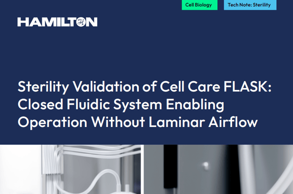 Hamilton tech note header: Sterility Validation of Cell Care FLASK with tubing and instrument components visible