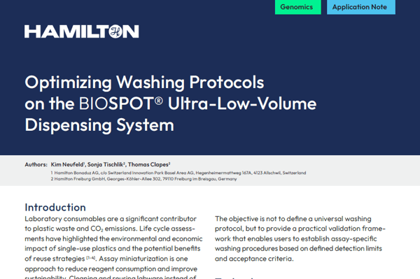 Hamilton application note cover: "Optimizing Washing Protocols on the BIOSPOT® Ultra-Low-Volume Dispensing System"