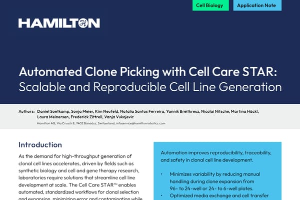 Application note cover: Automated Clone Picking with Cell Care STAR — Hamilton branding, workflow diagram, and 96-well plate imagery