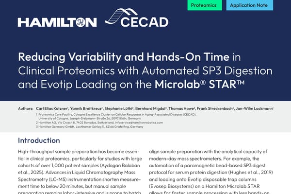 Application note header: Hamilton and CECAD logos, title on Microlab STAR SP3 digestion and Evotip loading