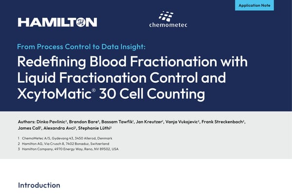 Application note cover: Hamilton and ChemoMeTec logos, title "Redefining Blood Fractionation with Liquid Fractionation Control and XcytoMatic® 30 Cell Counting"