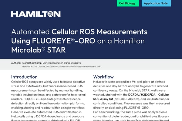 Application note cover: Automated Cellular ROS Measurements Using FLUOREYE®-ORO on a Hamilton Microlab® STAR