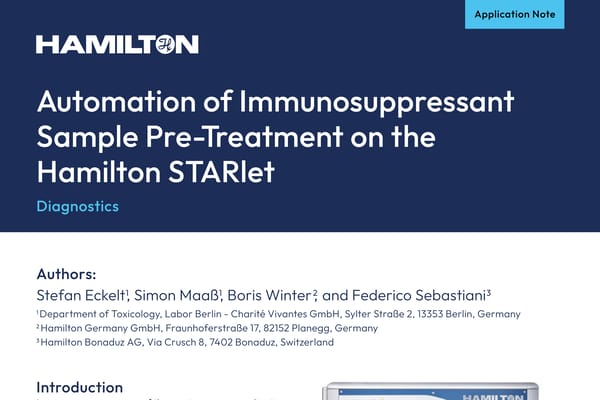 Hamilton application note cover: "Automation of Immunosuppressant Sample Pre-Treatment on the Hamilton STARlet"