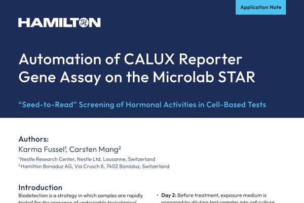 Hamilton application note cover: "Automation of CALUX Reporter Gene Assay on the Microlab STAR"