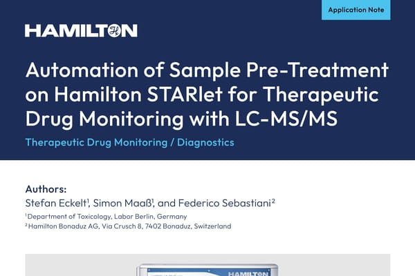 Hamilton application note cover: "Automation of Sample Pre-Treatment on Hamilton STARlet for Therapeutic Drug Monitoring with LC-MS/MS"