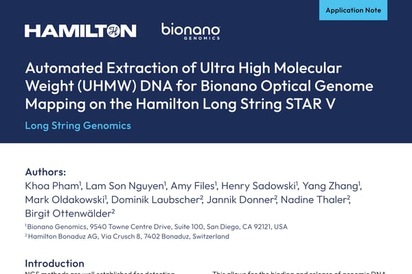 Application note cover: Hamilton and Bionano Genomics logos, title "Automated Extraction of UHMW DNA for Bionano Optical Genome Mapping on the Hamilton Long String STAR V"
