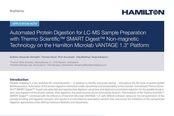 Hamilton application note cover: "Automated Protein Digestion for LC-MS Sample Preparation with Thermo Scientific SMART Digest on the Hamilton Microlab VANTAGE 1.3 Platform"