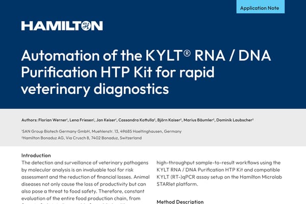 Hamilton application note cover: "Automation of the KYLT® RNA / DNA Purification HTP Kit for rapid veterinary diagnostics"