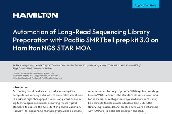 Hamilton application note cover: "Automation of Long-Read Sequencing Library Preparation with PacBio SMRTbell prep kit 3.0 on Hamilton NGS STAR MOA"