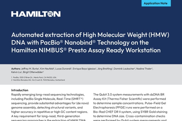 Hamilton application note cover: "Automated extraction of High Molecular Weight (HMW) DNA with PacBio® Nanobind® Technology on the Hamilton NIMBUS® Presto Assay Ready Workstation"