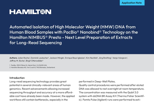 Hamilton application note cover: "Automated Isolation of HMW DNA from Human Blood Samples with PacBio Nanobind Technology on the Hamilton NIMBUS Presto"