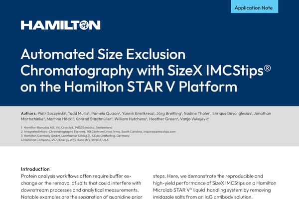 Hamilton application note cover: "Automated Size Exclusion Chromatography with SizeX IMCStips® on the Hamilton STAR V Platform"