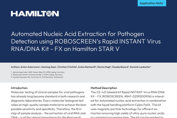 Hamilton application note cover titled "Automated Nucleic Acid Extraction for Pathogen Detection using ROBOSCREEN's Rapid INSTANT Virus RNA/DNA Kit – FX on Hamilton STAR V"