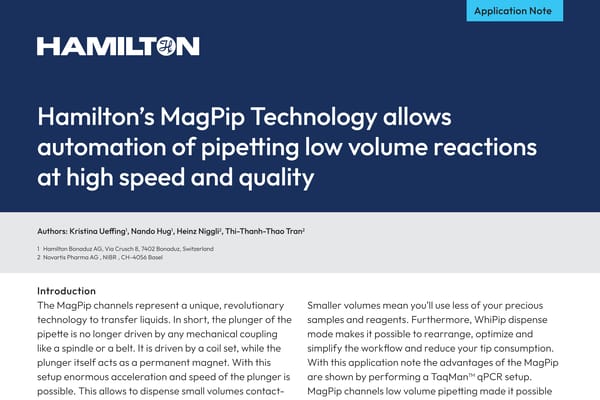 Hamilton application note title page: "MagPip Technology allows automation of pipetting low volume reactions"