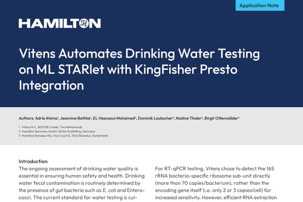 Hamilton application note cover: "Vitens Automates Drinking Water Testing on ML STARlet with KingFisher Presto Integration"