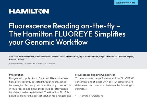 Hamilton FLUOREYE application note cover titled "Fluorescence Reading on-the-fly" on a dark blue background