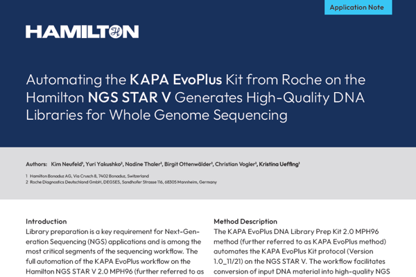 Application note cover titled "Automating the KAPA EvoPlus Kit from Roche on the Hamilton NGS STAR V"