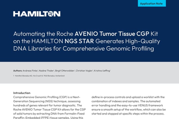 Hamilton application note cover: "Automating the Roche AVENIO Tumor Tissue CGP Kit on the HAMILTON NGS STAR"