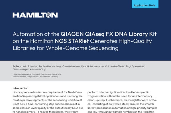 Hamilton application note cover: "Automation of the QIAGEN QIAseq FX DNA Library Kit on the Hamilton NGS STARlet Generates High-Quality Libraries for Whole-Genome Sequencing"
