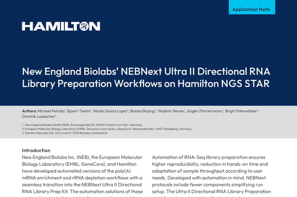Hamilton application note cover: NEBNext Ultra II Directional RNA Library Preparation Workflows on Hamilton NGS STAR