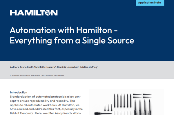 Hamilton application note cover showing pipette tips and needles arranged against a white background