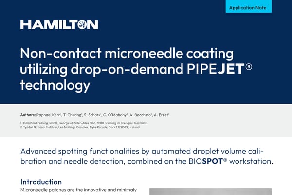 Hamilton application note cover: "Non-contact microneedle coating utilizing drop-on-demand PIPEJET® technology"