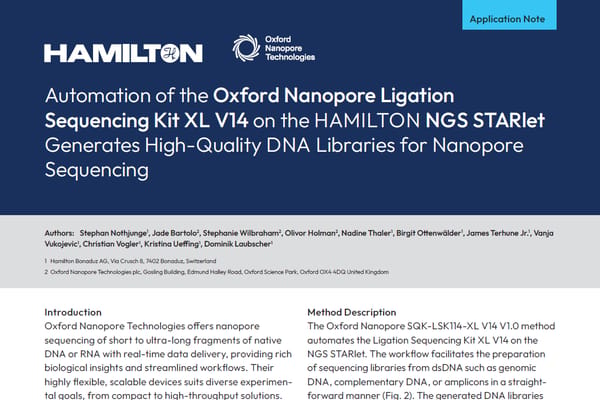 Application note cover page for automating Oxford Nanopore Ligation Sequencing Kit XL V14 on the Hamilton NGS STARlet