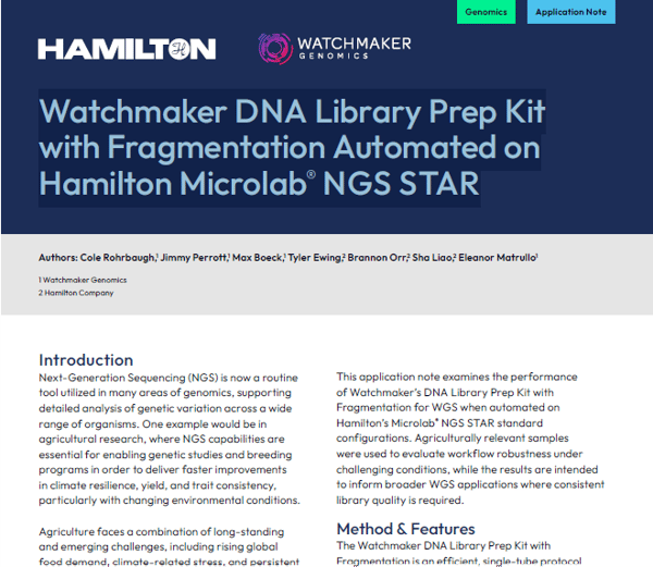 Application note titled "Watchmaker DNA Library Prep Kit with Fragmentation Automated on Hamilton Microlab® NGS STAR"