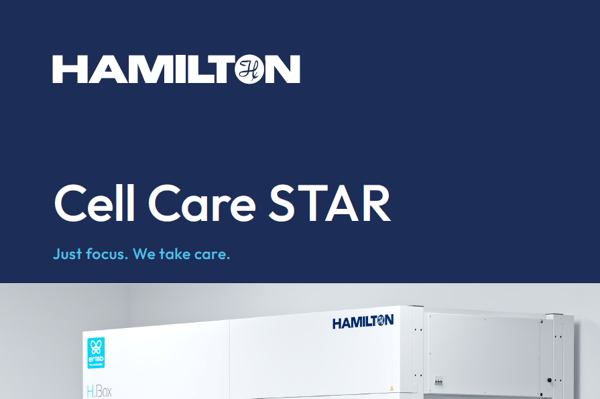 Hamilton Cell Care STAR brochure cover with logo, tagline "Just focus. We take care." and partial instrument view below.