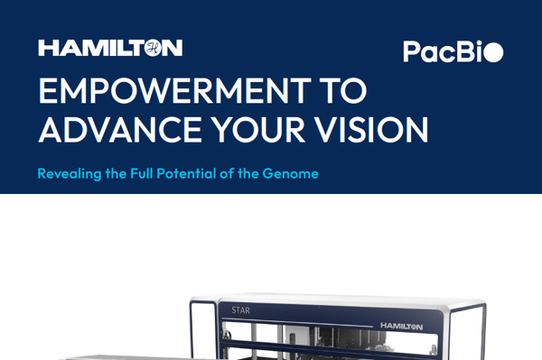 Hamilton and PacBio co-branded banner with tagline "Empowering to Advance Your Vision" and a Hamilton STAR automated liquid handler