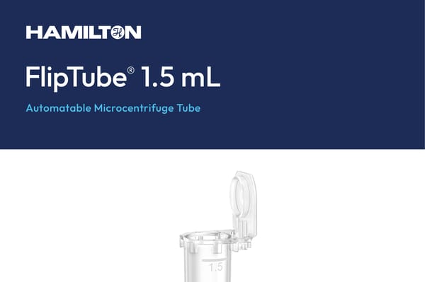 Hamilton FlipTube 1.5 mL microcentrifuge tube with open lid, showing volume graduations at 0.5, 1.0, and 1.5 mL