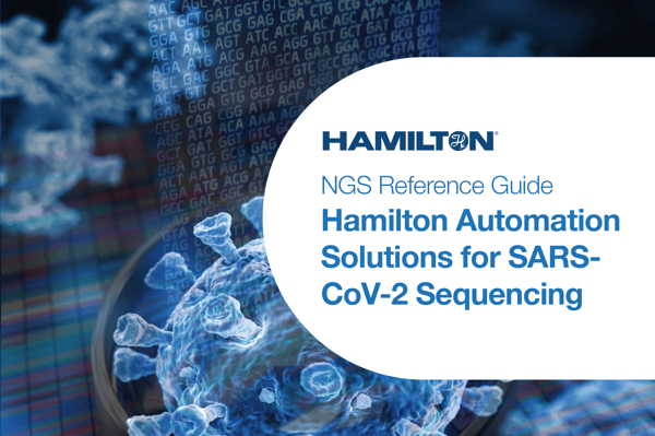 Hamilton NGS Reference Guide cover: SARS-CoV-2 Automation Solutions for Sequencing, with virus illustration and DNA sequence overlay.