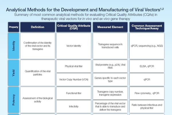Table of analytical methods for viral vector development, listing CQAs, measured elements, and assay techniques