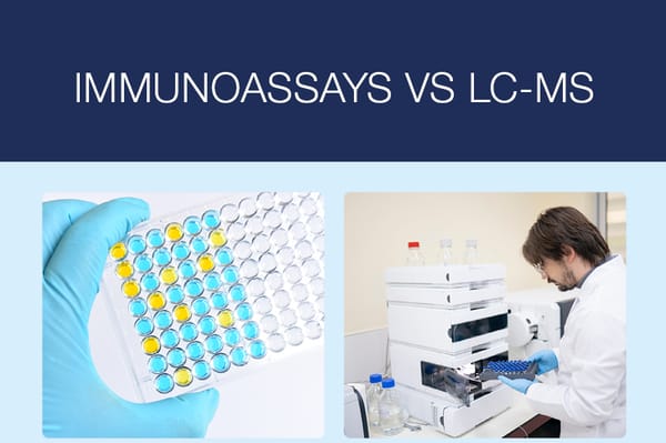 Immunoassays vs LC-MS comparison showing a multiwell plate with yellow and blue samples beside a lab technician working at an LC-MS instrument.