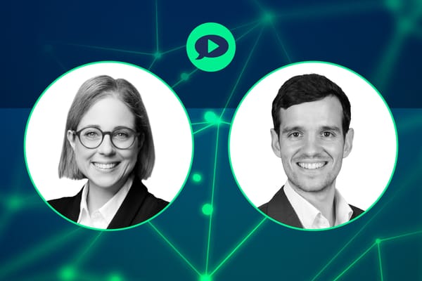 Two professional headshots of webinar speakers on a dark teal network graphic background