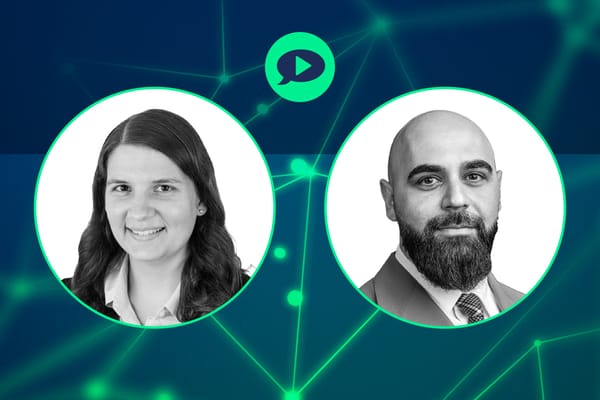 Two circular black-and-white headshots of webinar speakers on a dark teal network graphic background.
