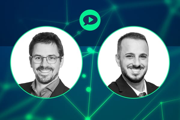 Two professional headshots of webinar speakers on a teal network-graphic background with a podcast/video icon above.