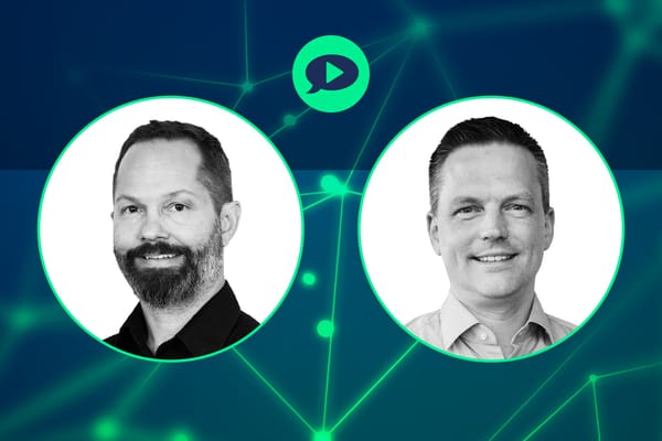 Two professional headshots of webinar speakers on a dark blue network graphic background with green accents