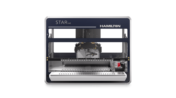 Hamilton STARlet automated liquid handling workstation, front view, deck with numbered positions visible