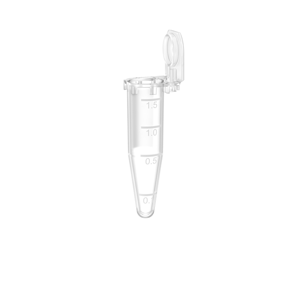 Clear 1.5 mL microcentrifuge flip-top tube open, showing 0.1–1.5 mL graduated markings