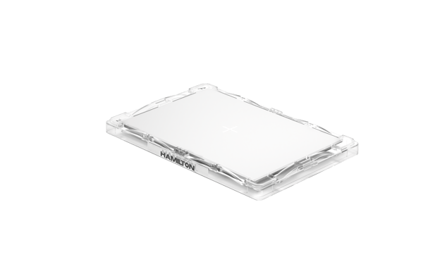 Hamilton comfort lid for standard microplate, clear plastic frame with white insert, isometric view