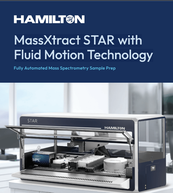 Hamilton MassXtract STAR automated liquid handler with Fluid Motion Technology for mass spectrometry sample prep, shown open with MPE module and deck loaded with labware