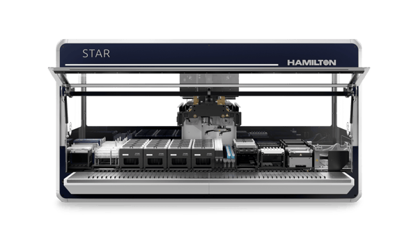 Hamilton STAR automated liquid handler, front view with deck open, showing pipetting arm and loaded labware carriers