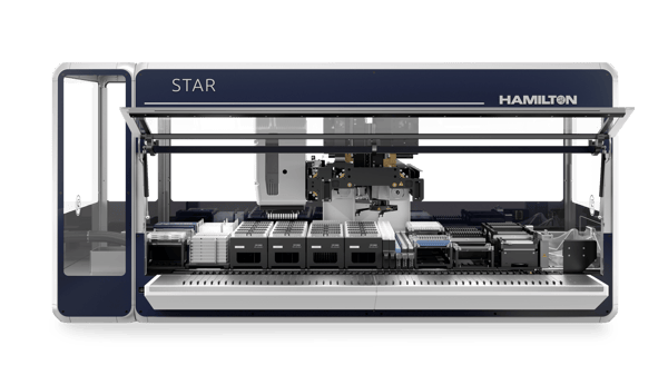 Hamilton STAR automated liquid handler, front view, open deck with pipetting arm, tip racks, and reagent carriers