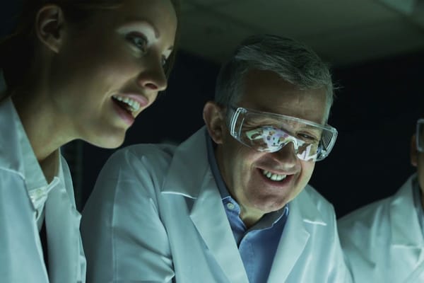 Three happy people in a lab wearing lab coats.